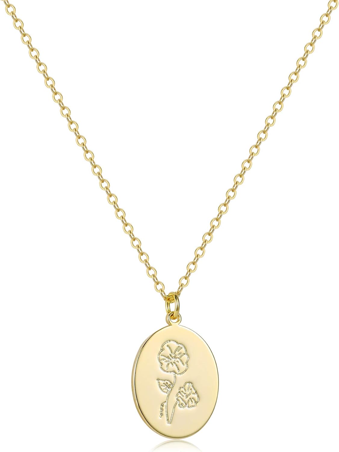 Oval Coin Pendant Necklace 12 Month Birth Flower Disc Necklace 14K Gold Plated Dainty Personalized Gift