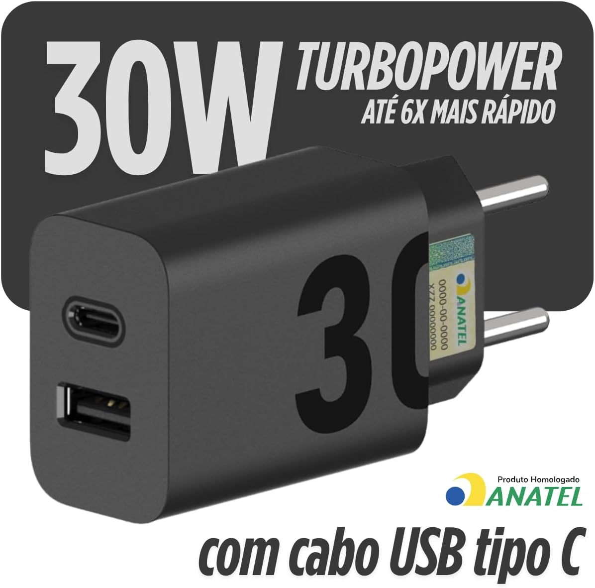 Carregador Super Turbo 30W Ultra Rápido Duas Portas Tipo C+A Com Carregamento Rápido + Cabo Tipo C Compatível Com Todos Os Dispositivos, Motorola, Samsung, IPhone 15/16, Xiaomi