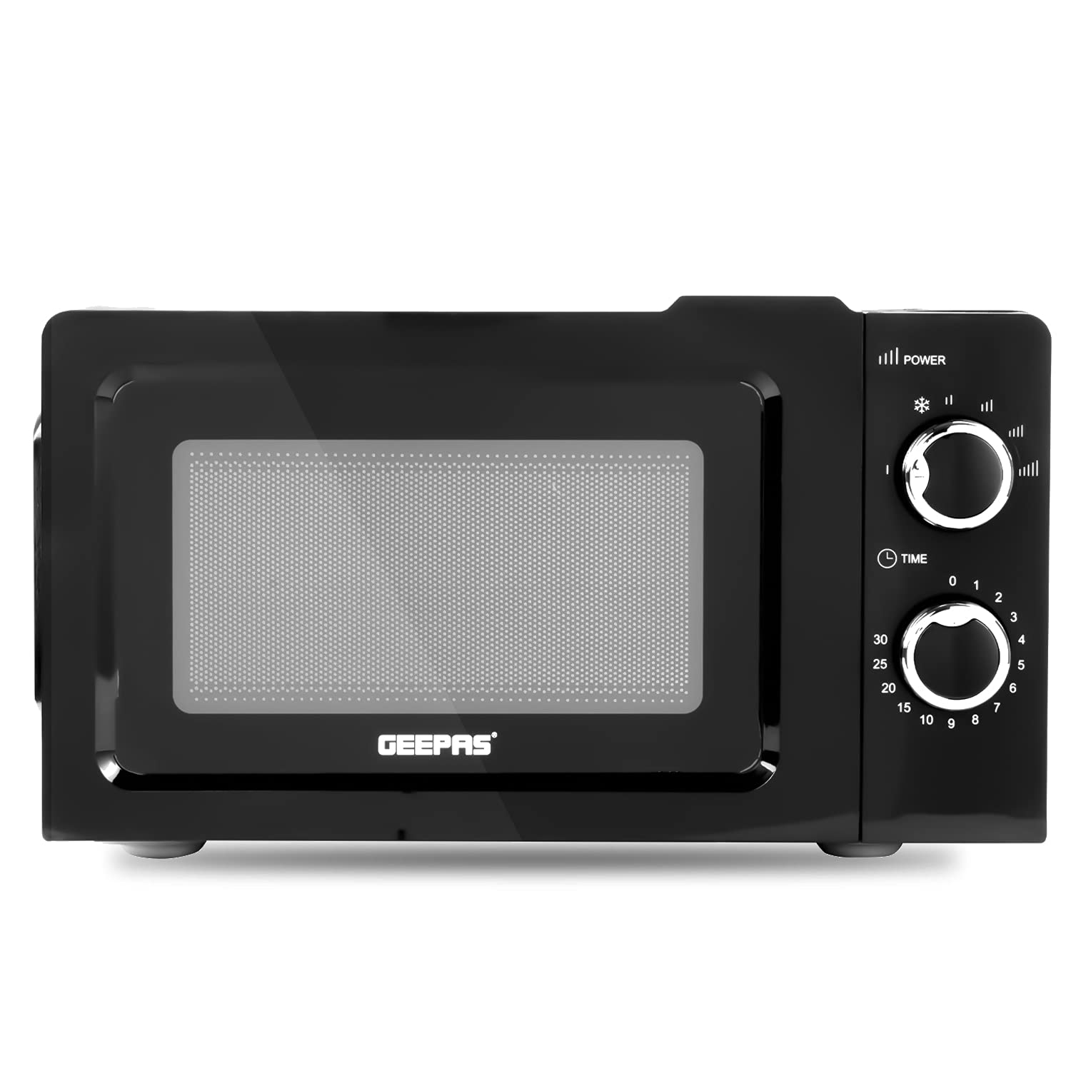 GEEPAS700W Solo Manual Microwave | 20L Solo Microwave Oven with 5 Power Levels | Reheating, Automatic Defrost Function & 30 Minute Timer | 2 Rotary Dials, Easy Clean | Stylish Compact Design, Black