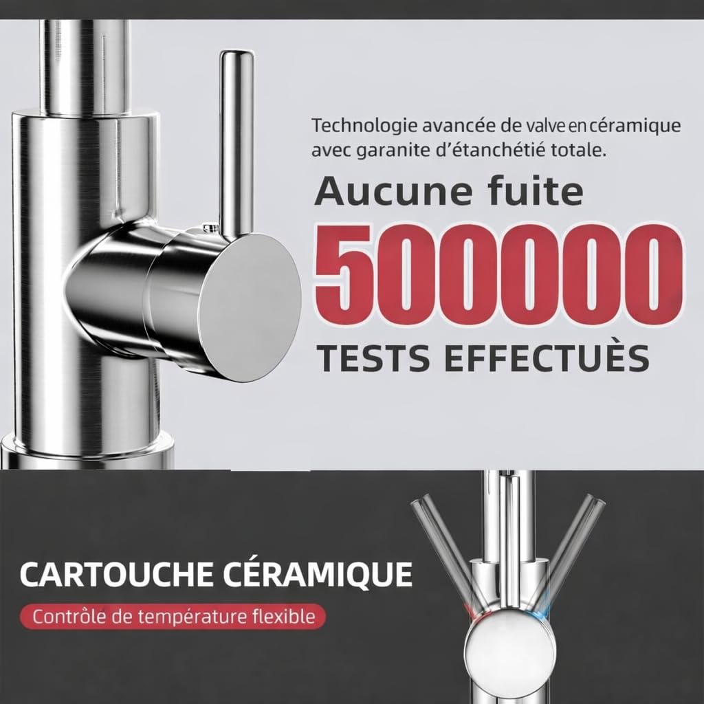 Cobbe Robinet de cuisine, mitigeur de cuisine à haute pression avec douchette rétractable, 2 fonctions de pulvérisation, rotatif à 360°, mitigeur de cuisine pour évier, en acier inoxydable
