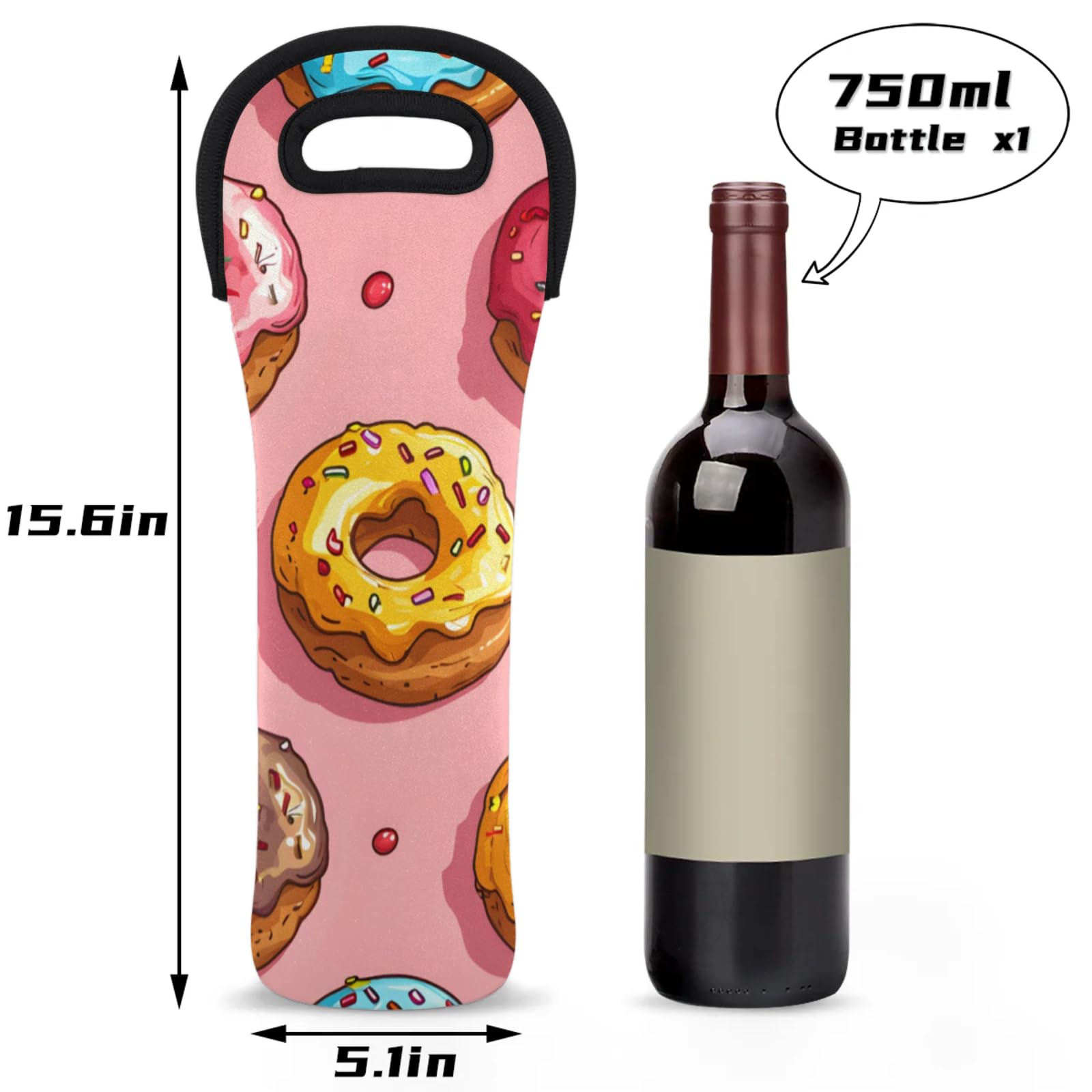 Neoprene Wine Tote Carrier Bag for Wine,Water, Champagne, Beer, Baby Bottles 15.6 x 5.1 Inches, Protective Wine Bag,Doughnut