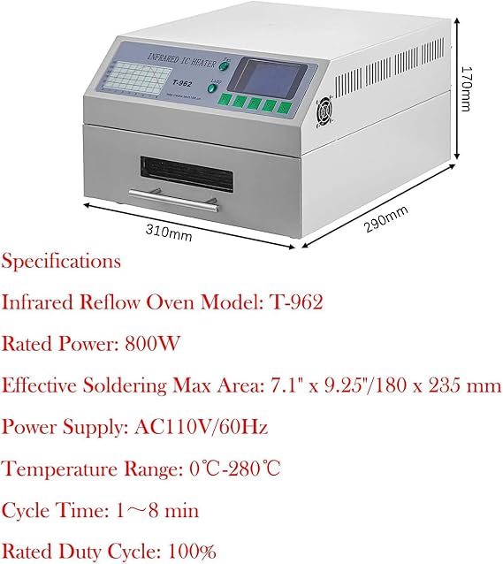 800W Reflow Oven,IC Heater T962 Reflow Solder Oven,Infrared Heater Soldering Machine,Desktop Reflow Oven,for PCB SMT Soldering Proofing