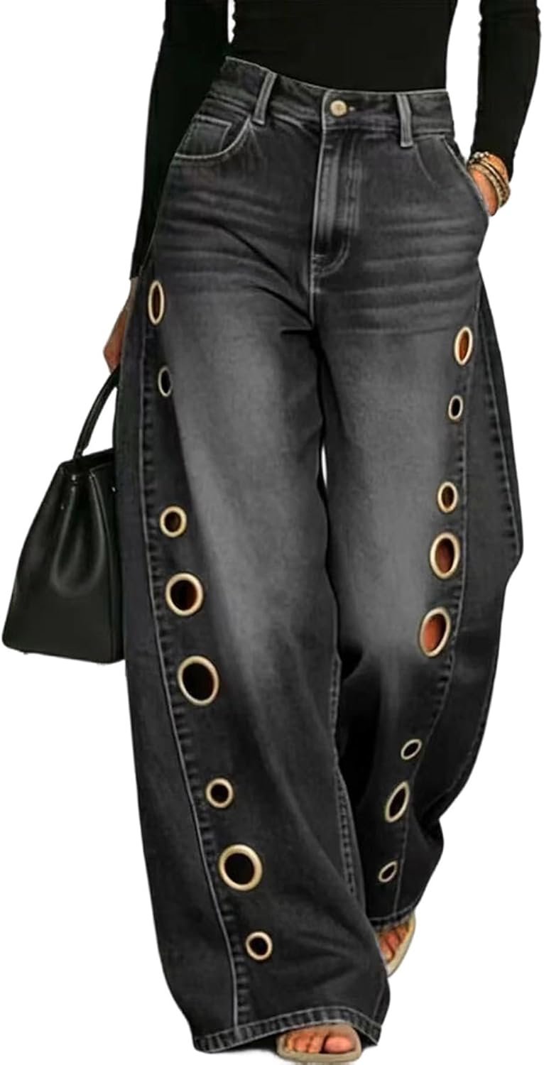LKOUS Wide Leg Barrel Jeans for Women Trendy Cutout High Waisted Baggy Denim Pants with Hole