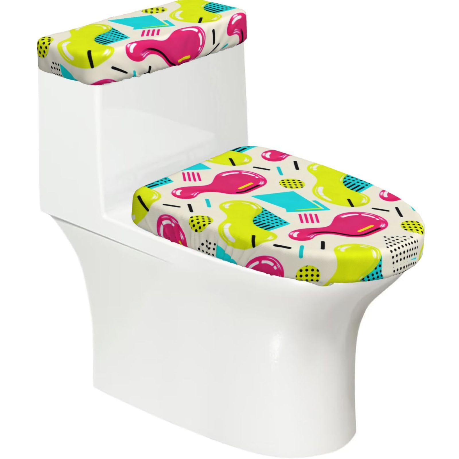 Seamless Memphis Elastic Toilet Cover Set of 2-Stretchy Lid and Tank Covers for Bathroom, Soft Washable U Shape Toilet Decor