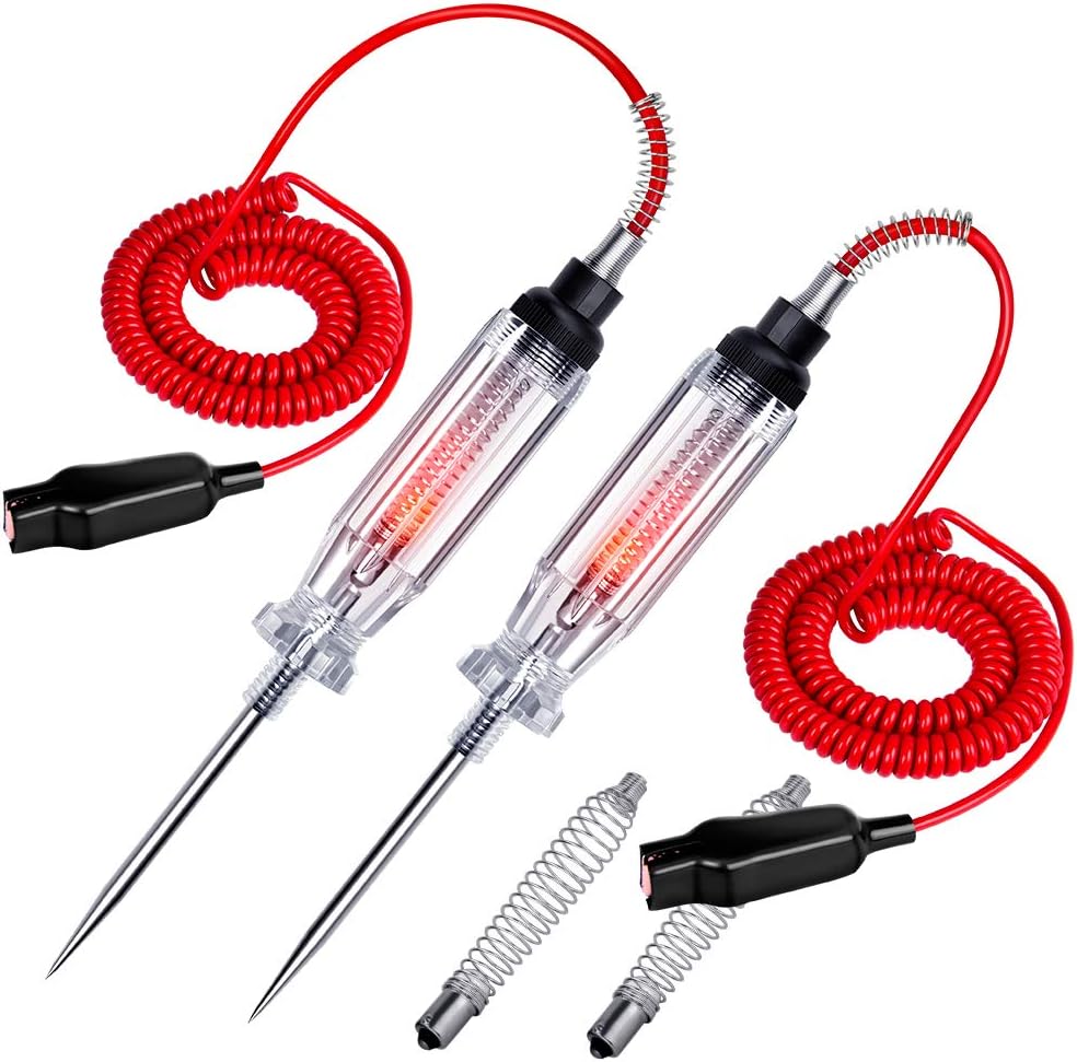 2PCS Heavy Duty Automotive Circuit Tester, Premium 6-24V Test Light with Extended Spring Test Leads & Sharp Piercing Probe, Circuit Voltage Tester with Replacement Indicator Light for Car/Vehicles