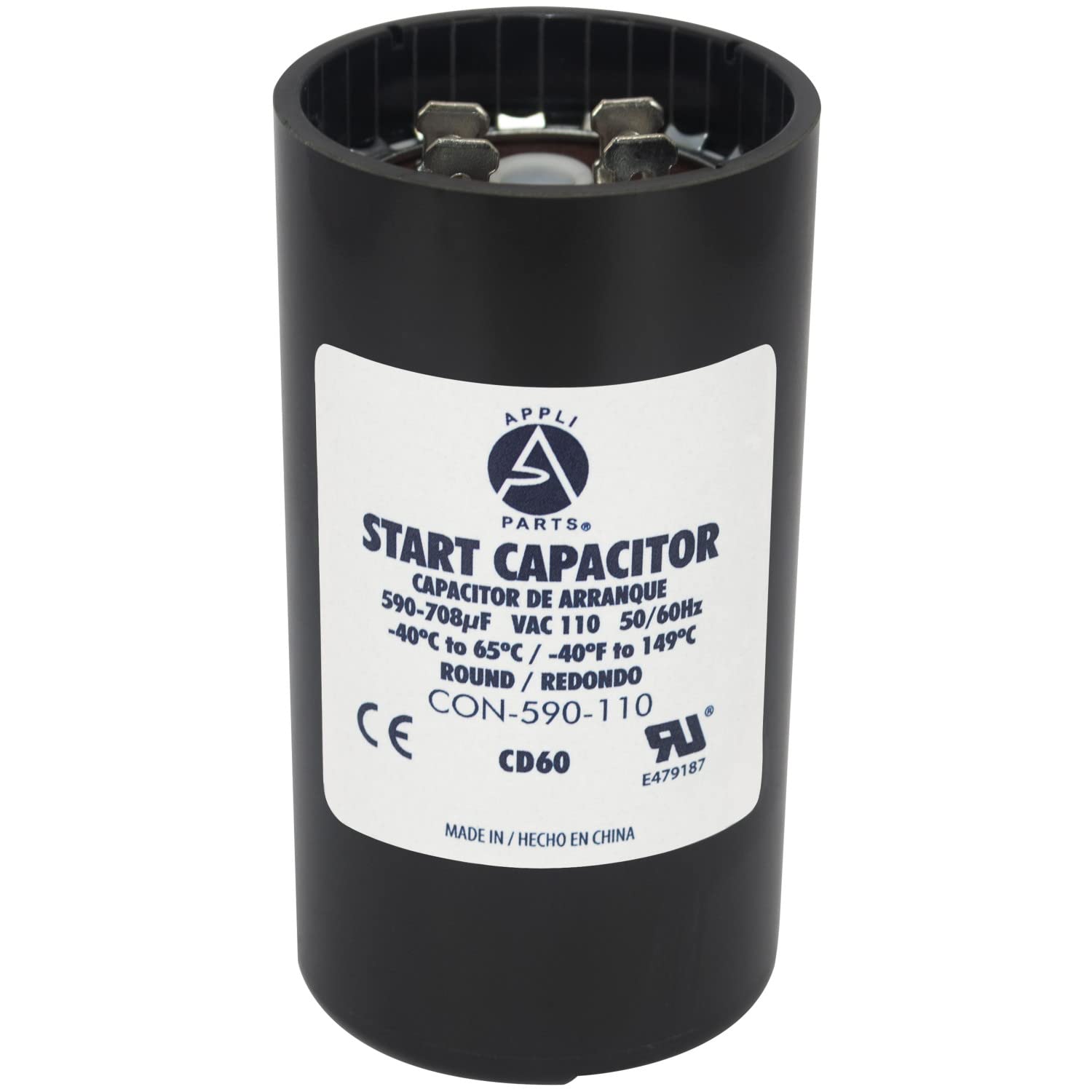 Appli Parts Condensador Capacitor Arranque 590-708 Mfd (microfaradios) uF 110-125 VAC remplazo universal para motores electricos de distintas aplicaciones 4.6cm Diametro 8.6cm Alto CON-590-110