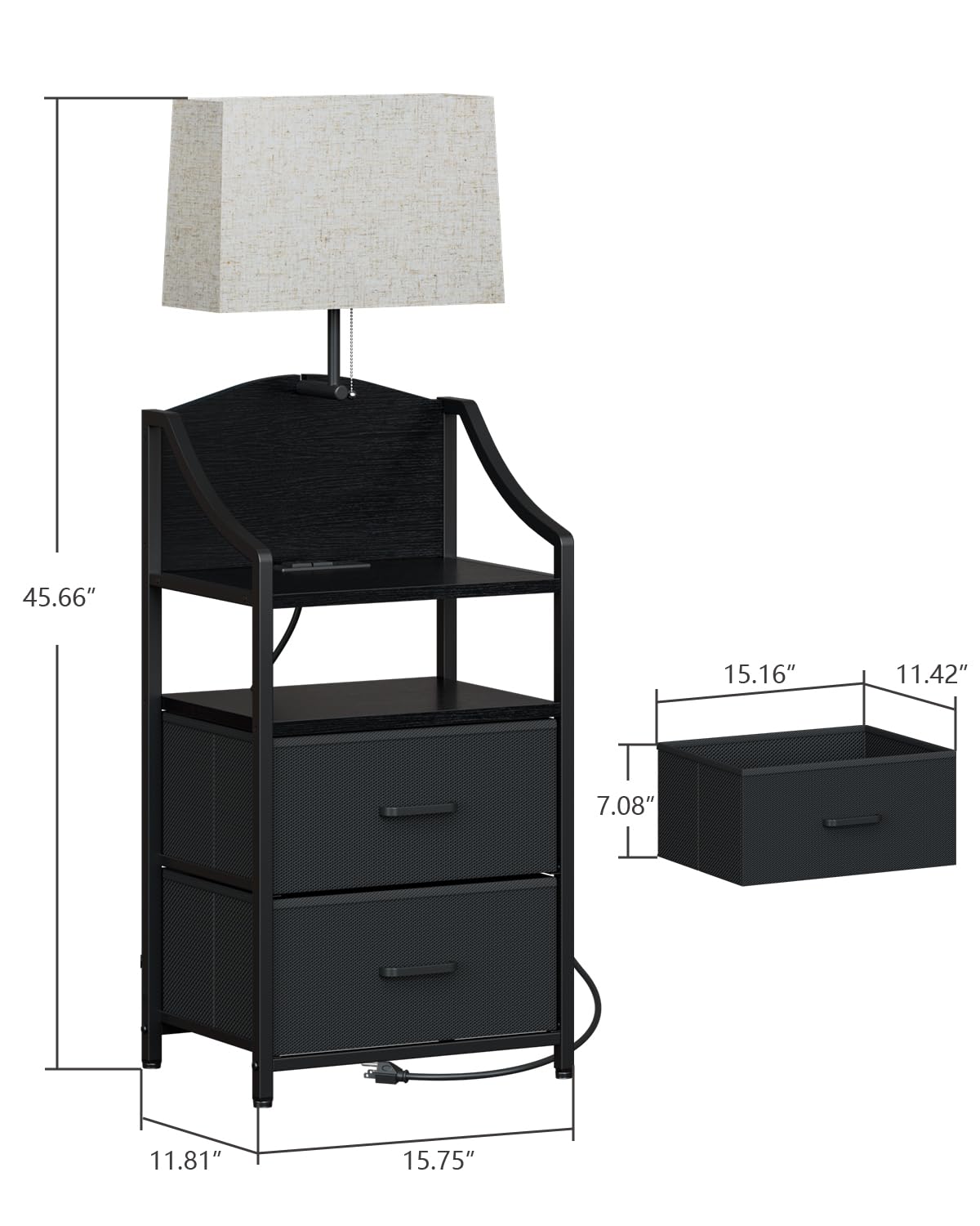 Evermagin Set di 2 comodini alti 114,3 cm con luce, comodino con stazione di ricarica, porte USB e uscite, comodino con 2 cassetti in tessuto, per camera da letto, dormitorio, nero