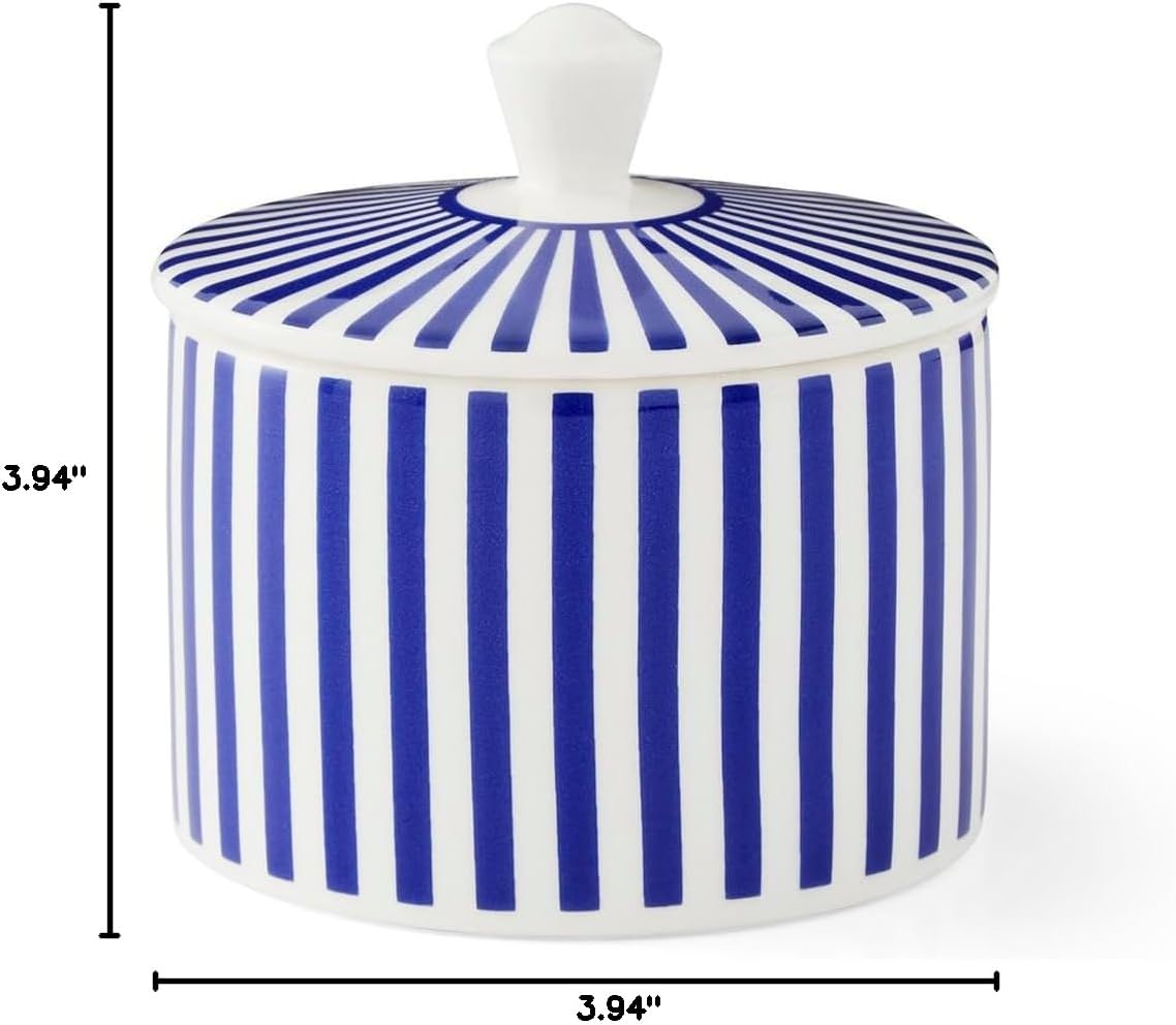 Spode Steccato Covered Sugar Bowl - 10 Ounce Earthenware Container with Lid, Cobalt Blue Striped Design, Microwave Dishwasher Freezer & Oven Safe - Ideal for Afternoon Tea & Gifting