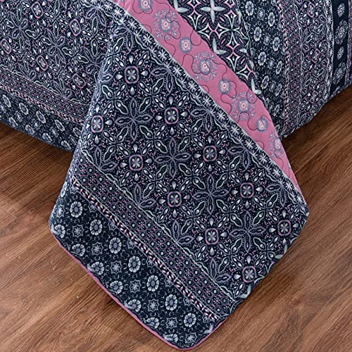 Jupitex Aztec Boho Striped Quilt Set Queen, 3 Pcs Bohemian Rustic Bedding Set, 90X96 Bohemian Reversible Quilt, Lightweight Farmhouse Ombre Bedding Set, Blue Quilt Bedspread Coverlet For All Seasons #TOP3