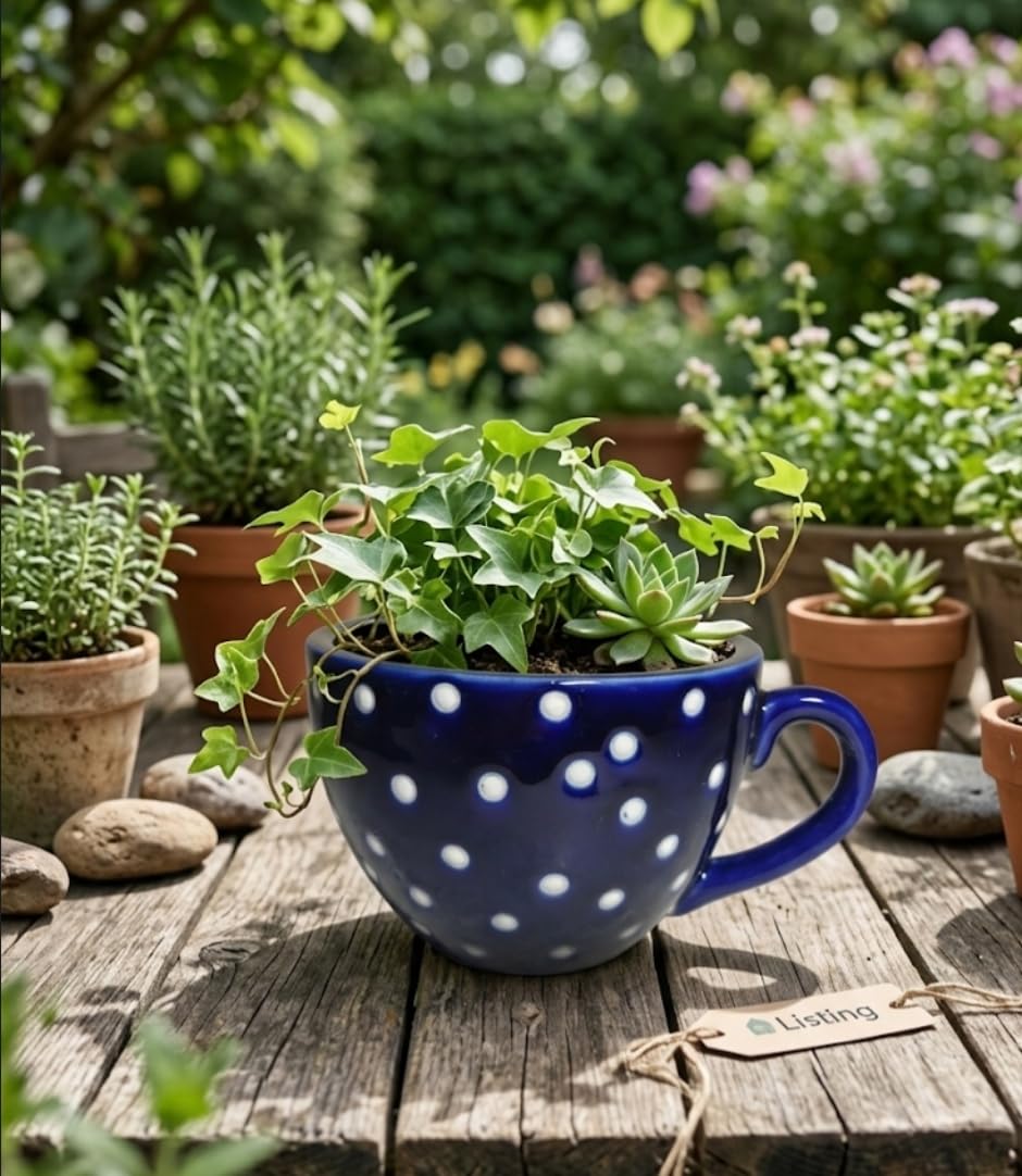 Ceramic Polka Dot Teacup Planter, Pink & White, Glossy Glaze