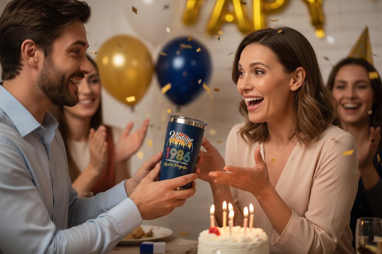 40th Birthday Gifts For Men Women - 1986 40th Birthday Decorations Ideas for Him Present For Man Turning 40 Year Old Gifts For Dad, Husband, Friends, 20 Oz Stainless Steel Tumbler Mug (Blue-198601) - Image 4