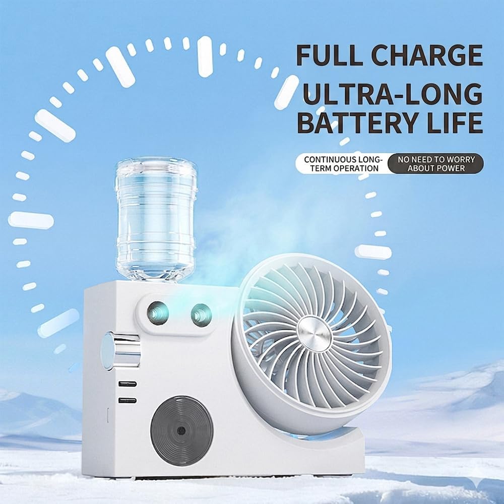 2026 New Portable Misting Table Fan, USB Rechargeable Desktop Cooling Air Circulator with Mist Spray, 3-Speed Quiet Personal Fan with Adjustable Angle for Office Home Bedroom Dorm Travel (White)