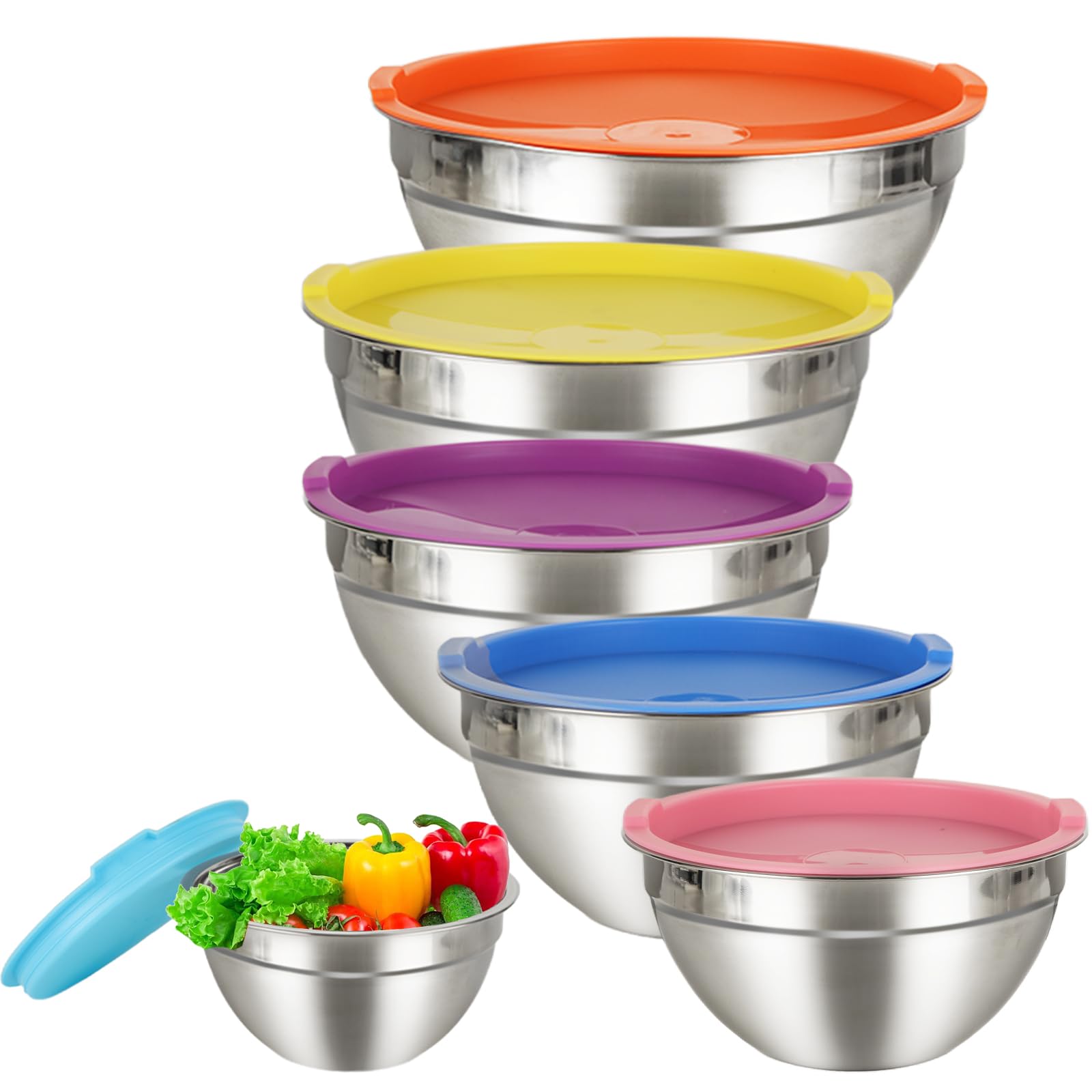 APACALI Mixing Bowl Set of 6, Stainless Steel Mixing Bowls, Mixing Bowl with Airtight Lid, Metal Salad Bowl, Mixing Bowls for Baking Cooking Serving Prepping, 1L/1.4L/2L/2.5L/3.4L/4.1L, Multicolour