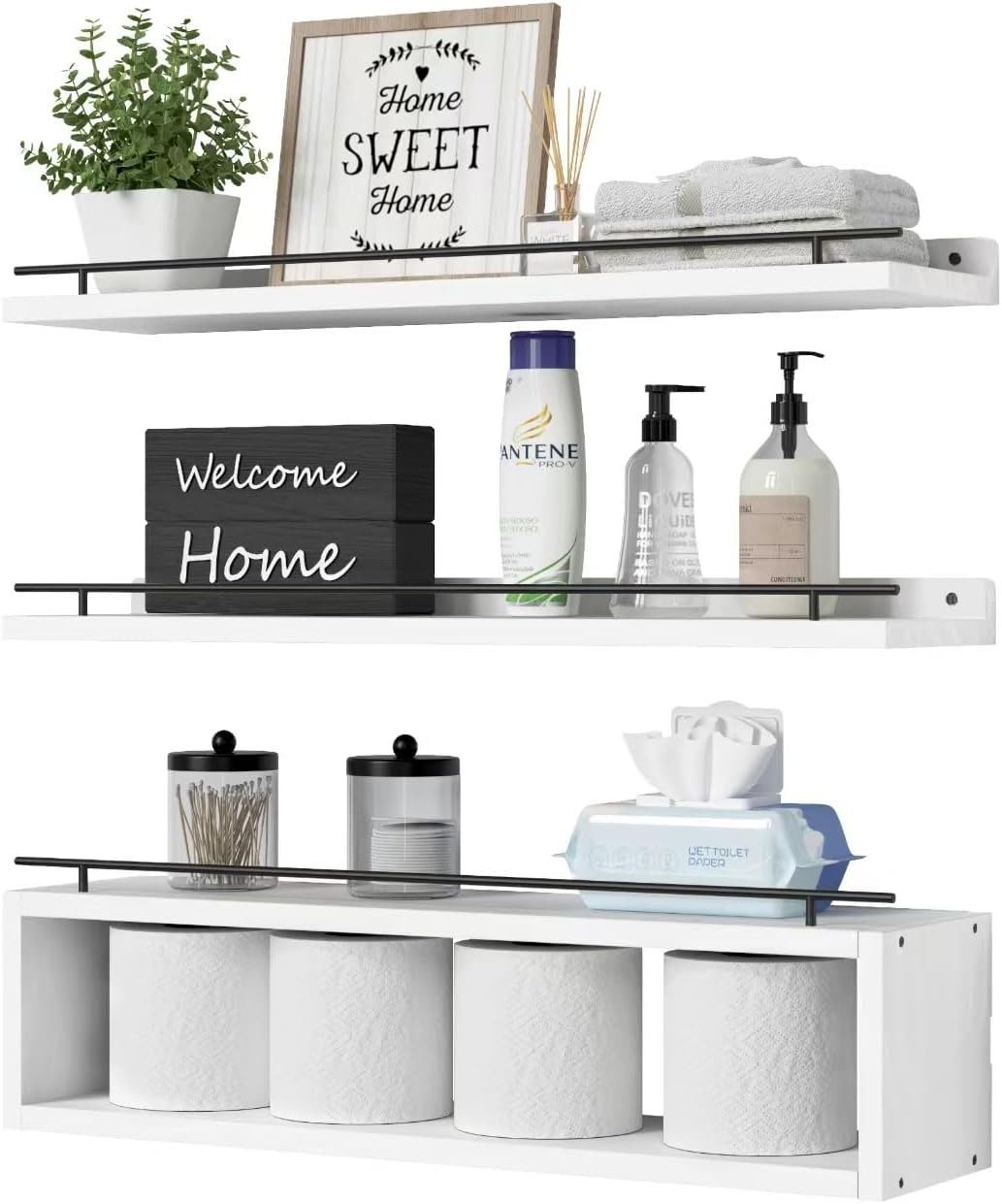 WOPITUES Floating Shelves for Wall 24 inch with Cube Shelf, Wall Shelves with Metal Rail for Bathroom Decor, Bathroom Organizers and Storage, Over Toilet Shelves, Toilet Paper-White