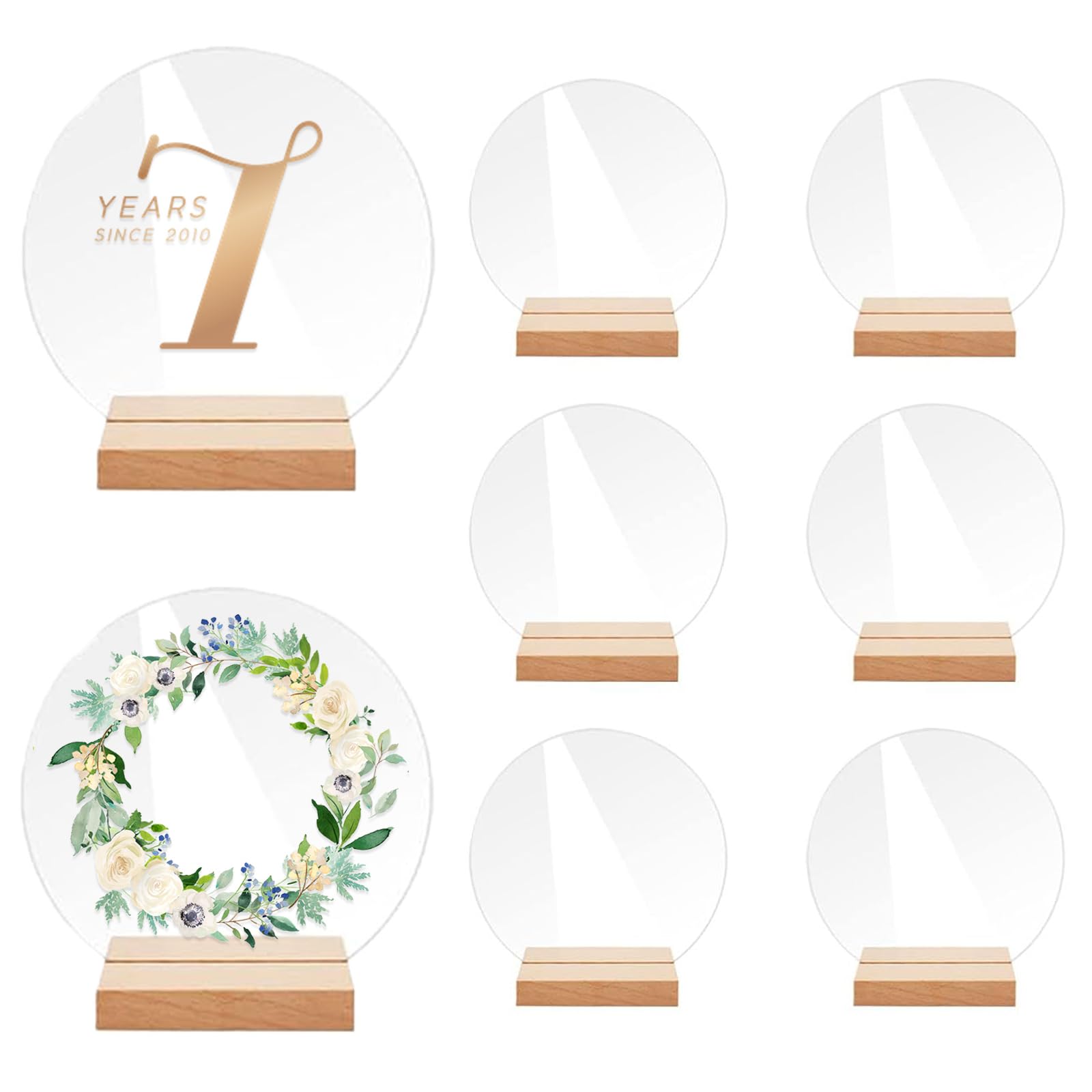 Kaizuca 8 Pack Acrylic Table Numbers with Wooden Holders, Reusable Round Blank Acrylic Signs for Wedding, Birthday, Christening Table Decoration