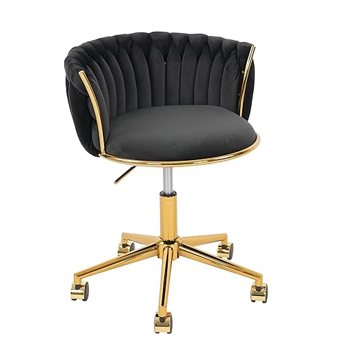HENGJIANYI Velvet Woven Home Office Chair, Modern Swivel Desk Chair with Wheels, Height Adjustable Vanity Chair with Gold Metal Base and Hand Weaving Back for Bedroom Study Small Space, Black - Black