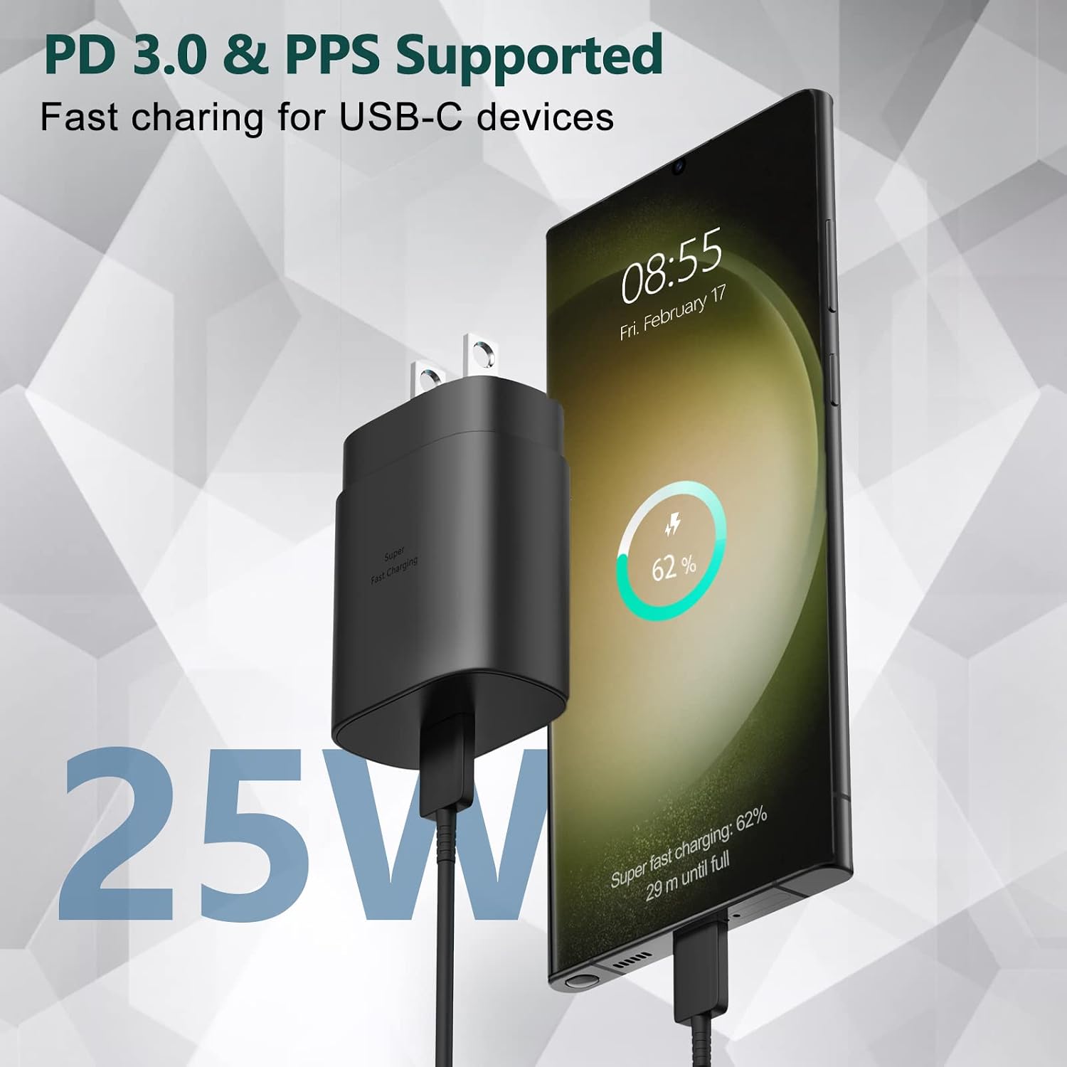 Samsung Super Fast Type C Charger 25W Android Charger 10FT USB C Charger Cable Fast Charging Block for Samsung Galaxy S23/S23 Ultra/S23+/S22/S22 Ultra/S22+/S21/S20/Note 20/Note 10/Z Fold/Flip 4/3