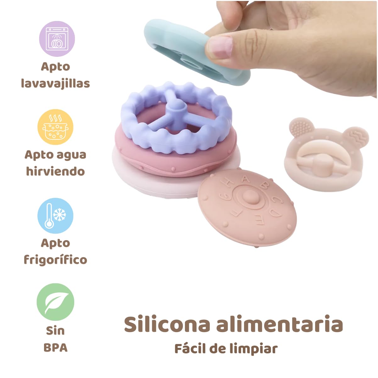 MuyPetit Cubos Apilables Bebé Silicona, Mordedor Silicona, Juguetes Montessori bebé 6-12 meses, Torre Apilable Sensorial para Estimulación y Aprendizaje, Regalo Original para Bebés — view 3