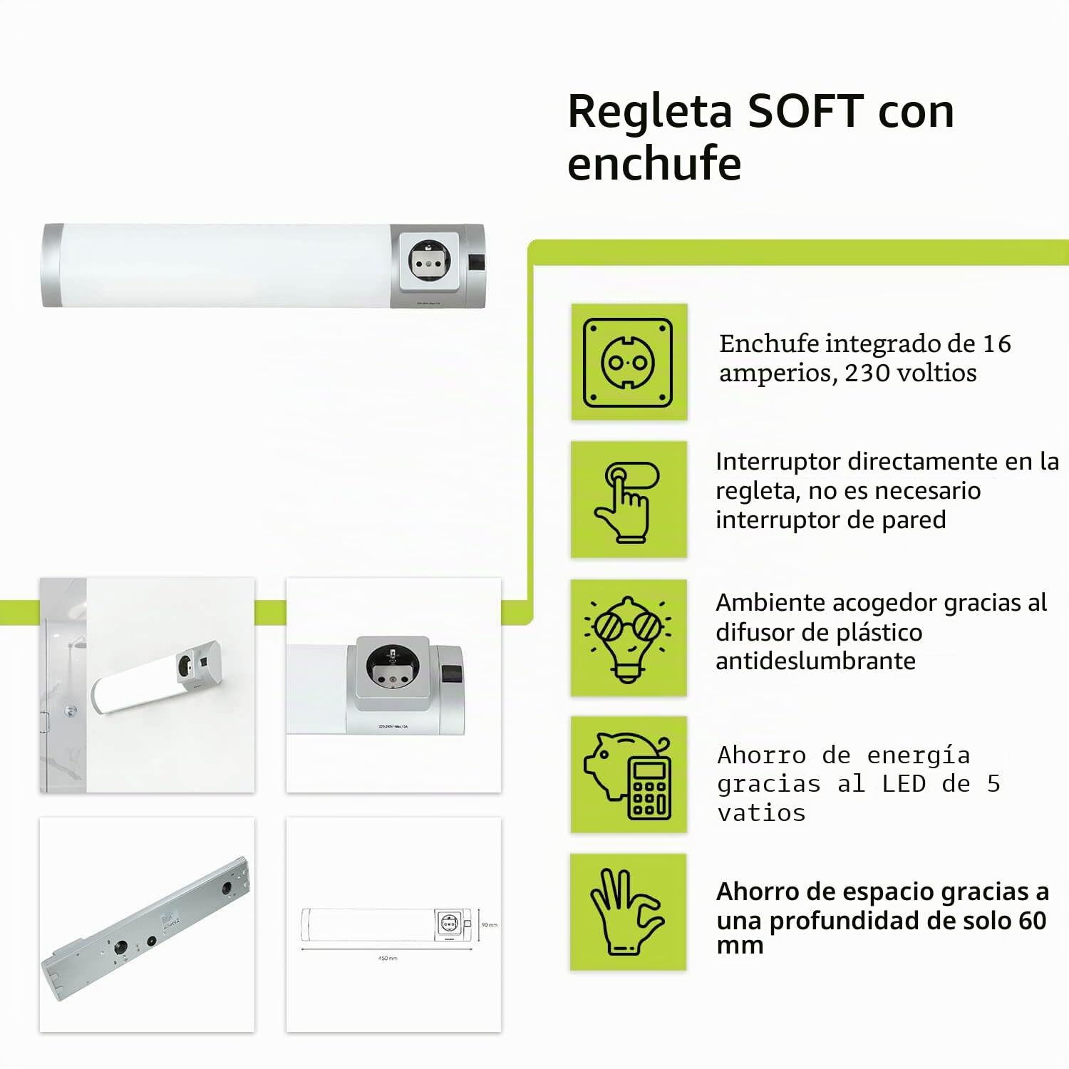 Easylight Lámpara de pared SOFT baño LED con toma de corriente eléctrica luz blanca fría plateada 6500K Aplique con interruptor ideal para Cocina Baño