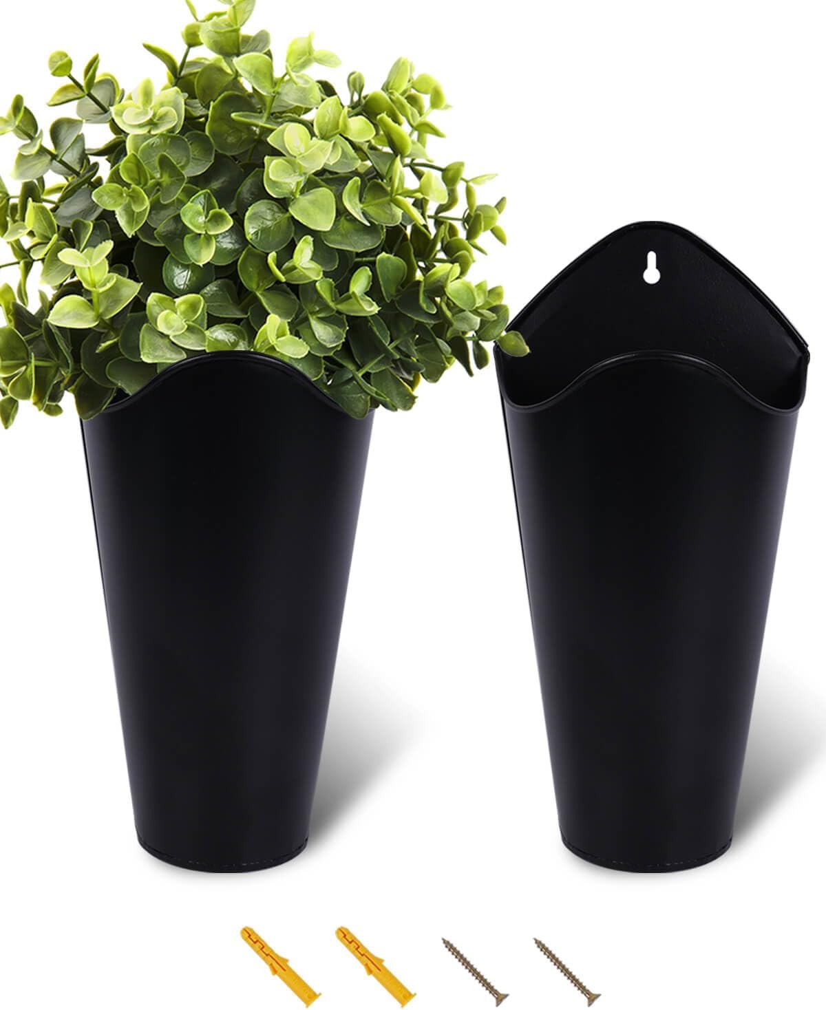 Vensovo 12 Inch Galvanized Wall Planters 2 Pack - Black Metal Tin Hanging Flower Vases for Farmhouse Indoor Outdoor Decor