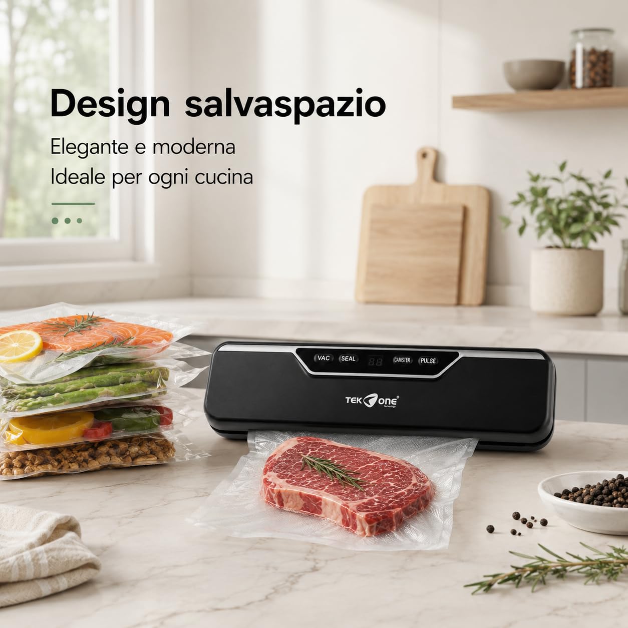 Macchina Sottovuoto Automatica 110W con 10 Sacchetti Inclusi | Sigillatrice Alimenti Compatta VAC/SEAL | Aspirazione -60KPa | Barra Saldante 30 cm | Display Touch Nero