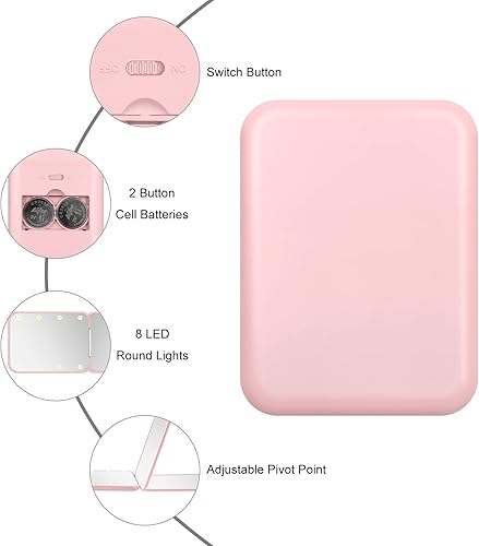 Miniatura 3 de Kakuje Espejo de viaje con luz, espejo compacto LED de aumento 1X3X con BIattery nternal, mini espejo rosa para bolso, bolsillo, viaje y regalo