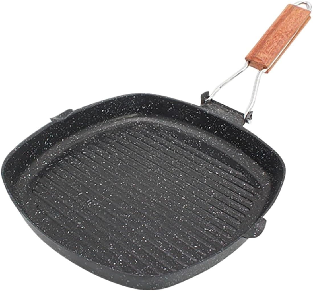 Folding Nonstick Steak Pan – Striped Flat Bottom Cookware Compatible with Gas & Induction Stoves for Outdoor & Home Use