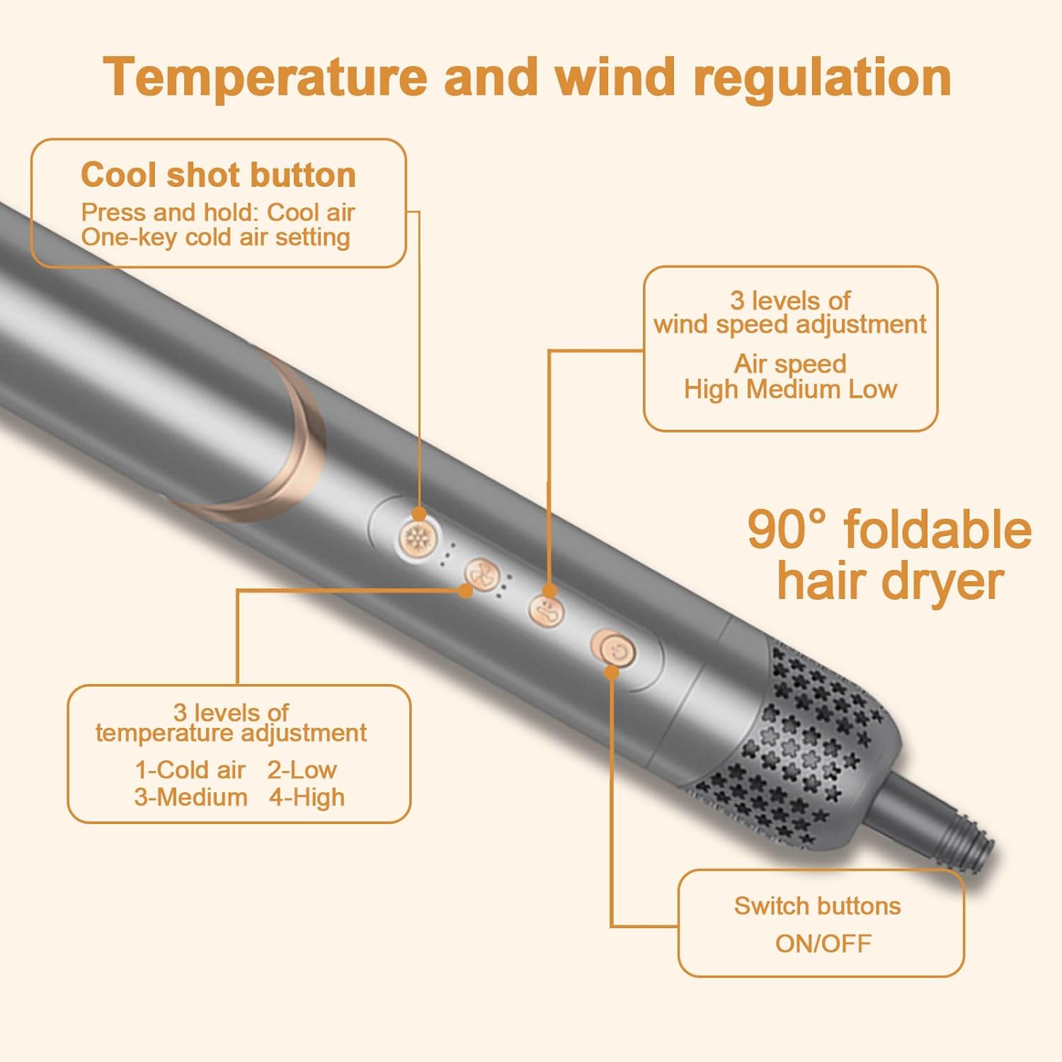 5 in 1 Hair Styler Curler & Air Dryer Brush, High-Speed Negative Ionic Foldable Hair Dryer Fast Drying, Multi Professional Hot Air Styler for Curling Volumizing Straightening Styling (Grey) - Image 5