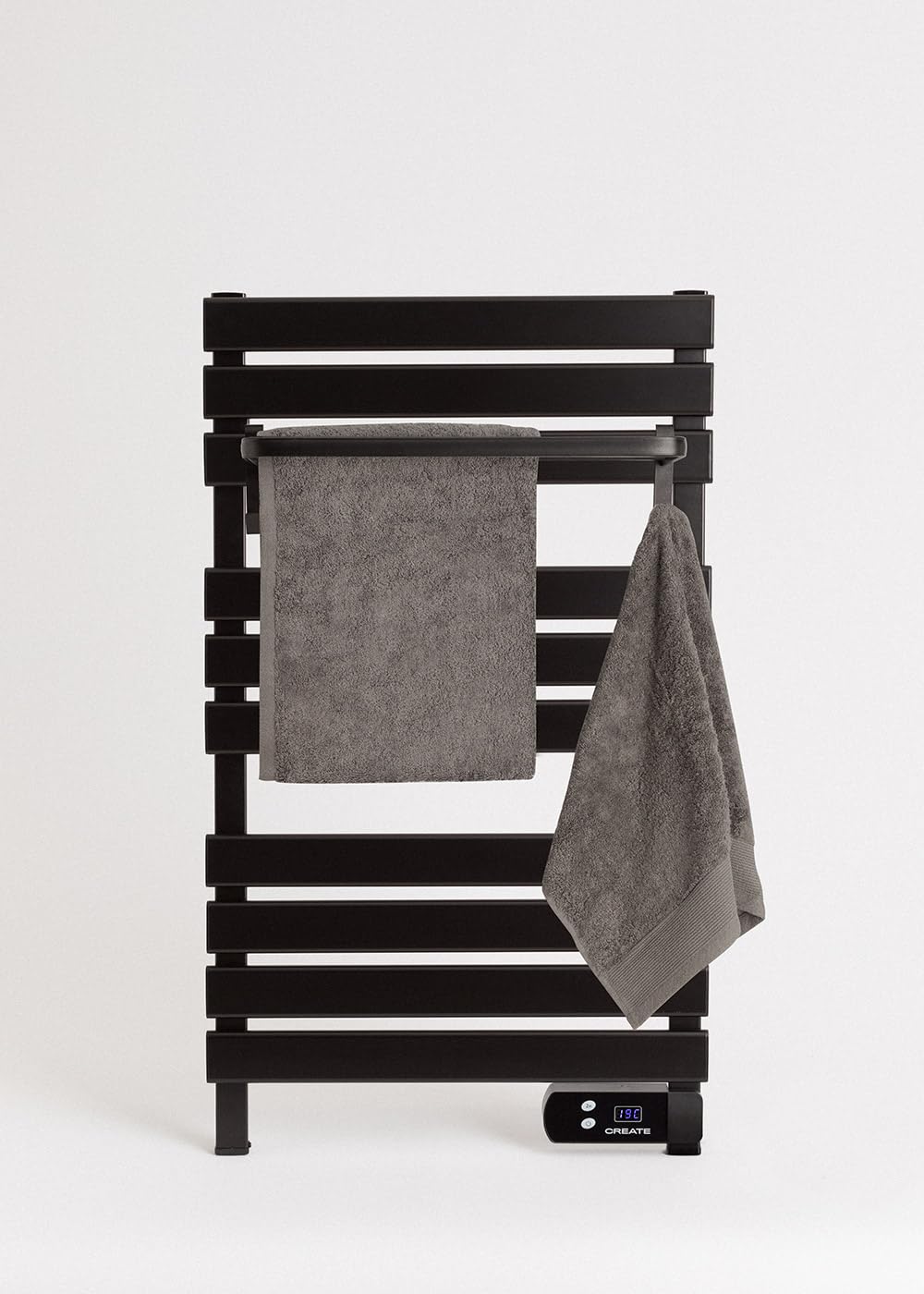 CREATE / Warm Towel 500W / Scaldasalviette Nero con ripiano / 96,9x5x55 cm/per Pavimento o Parete, Timer, Schermo LCD, Basso consumo, termostato.