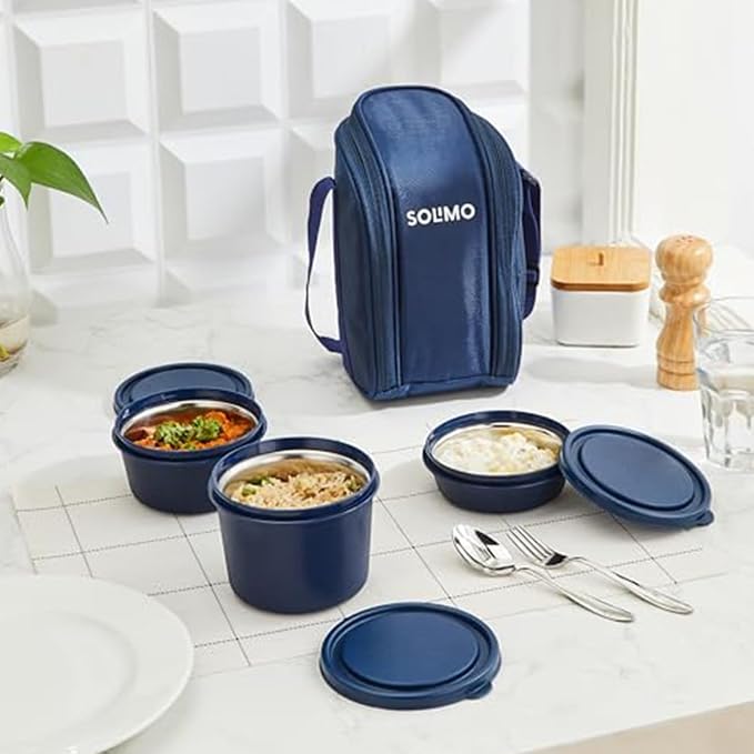 Amazon Brand - Solimo Lunch Box Set with Bag (Office, School & Travel) 3 Steel Inner Containers (250 ml, 400 ml, and 550 ml) with Cutlery Microwave Safe Leakproof - Blue