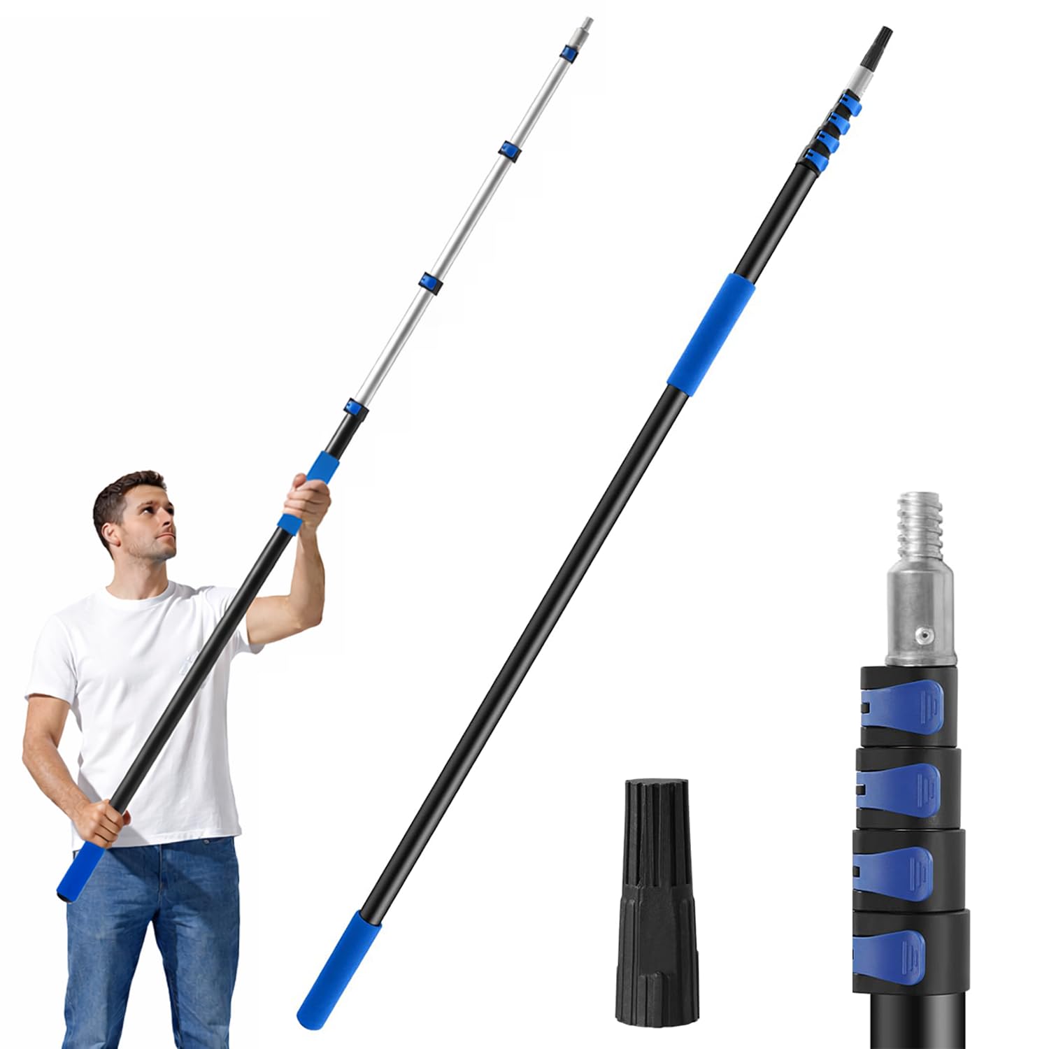 24FT Telescopic Extension Pole with Adapter, Durable & Lightweight Aluminium Multi-Purpose Pole for Window Cleaning, Gutter Cleaning & Painting, Extendable 6-24ft Long Reach Pole