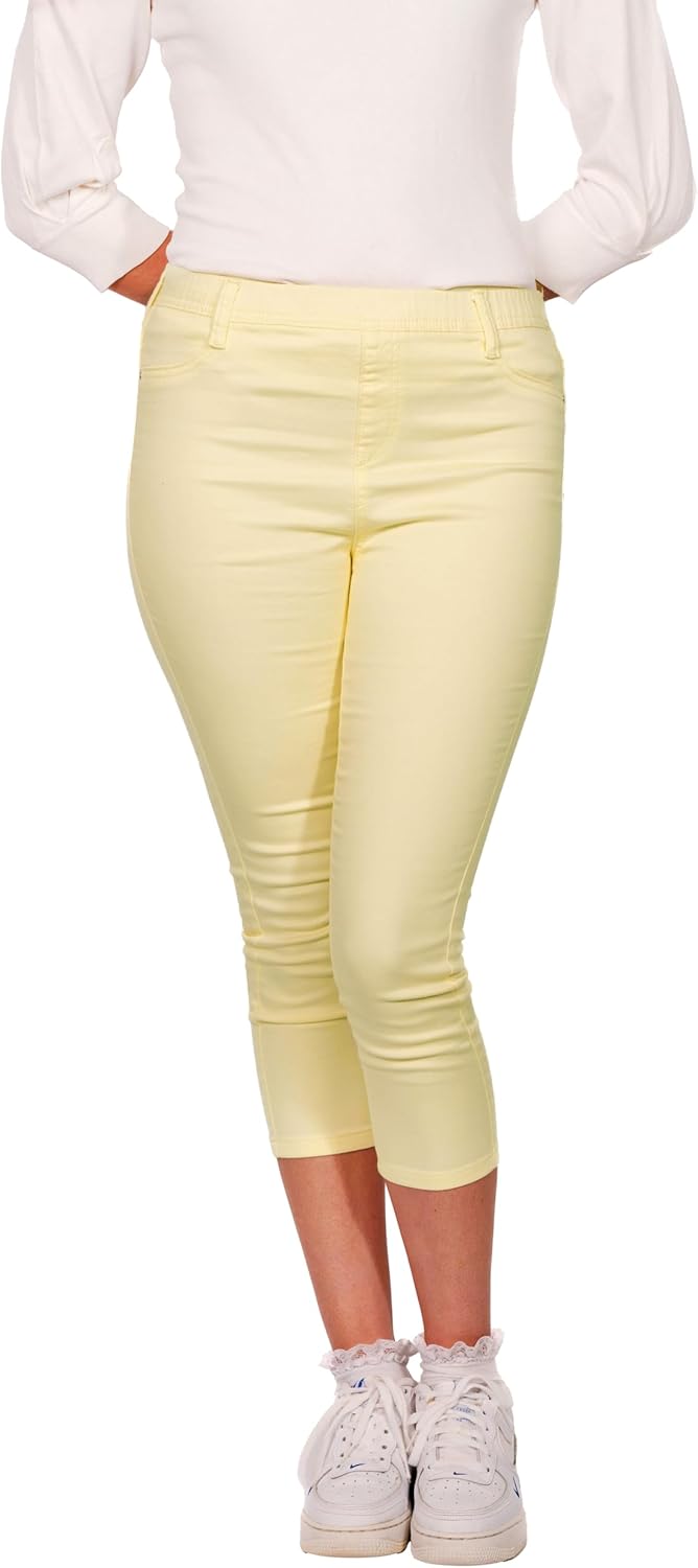 COTTONLEAF Women’s Elasticated High Waistband Knit Denim Jeans Pant, Light Blue Denim & Lemon, Stretch Fit Casual Trouser