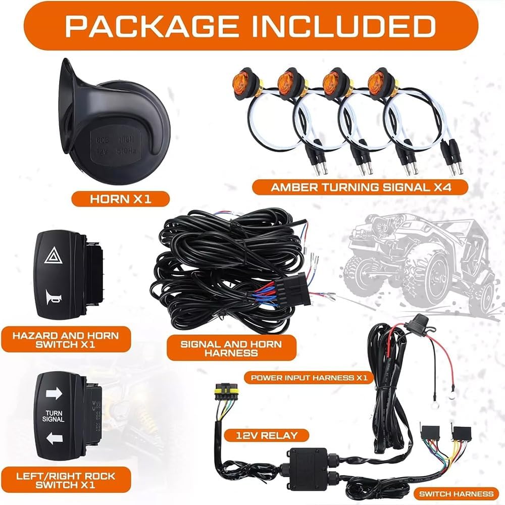 UTV Turn Signal Kit Pre-Wired, Plug and Play UTV ATV Blinker Kit with 110D Horn, Rocker Switch, Universal UTV Street Legal Kit for Polaris, Kawasaki, CFMOTO, Pioneer, Can-Am
