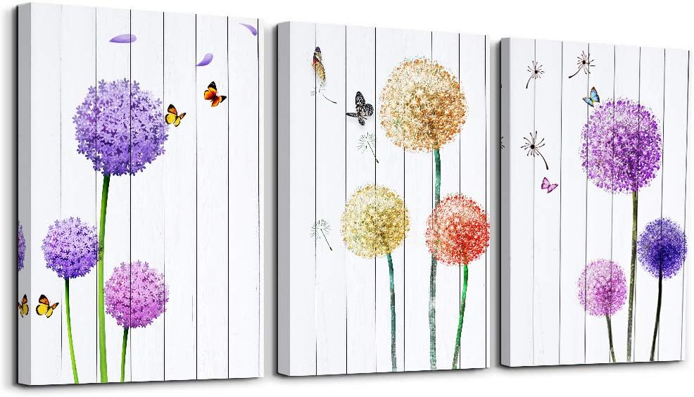 Dandelion and Butterfly purple flowers Canvas Prints Wall Art Paintings Abstract Wall Artworks Pictures for Living Room Bedroom Decoration, 12x16 inch/piece, 3 Panels Home bathroom Wall decor posters