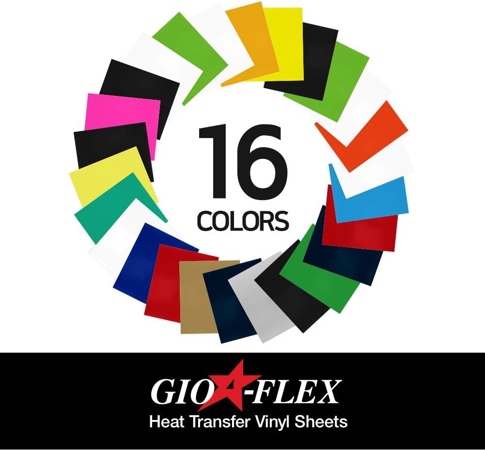 GIO-FLEX Heat Transfer Vinyl 10"x12"-26 Sheets 26 Colors HTV Assorted Bundle Variety Pack Iron-on Design for T-Shirts Compatible Cricut Silhouette Cameo Heat Press Machine Easy to Weed Cut