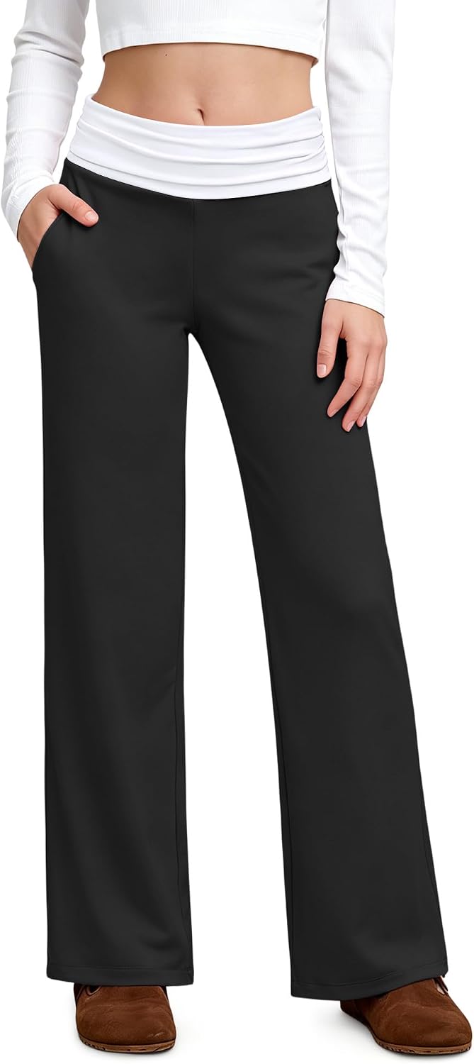 Girls Summer Low Rise Fold Over Sweatpants – Stretchy Black Baggy Pants for Skate Park, 6-14 Years