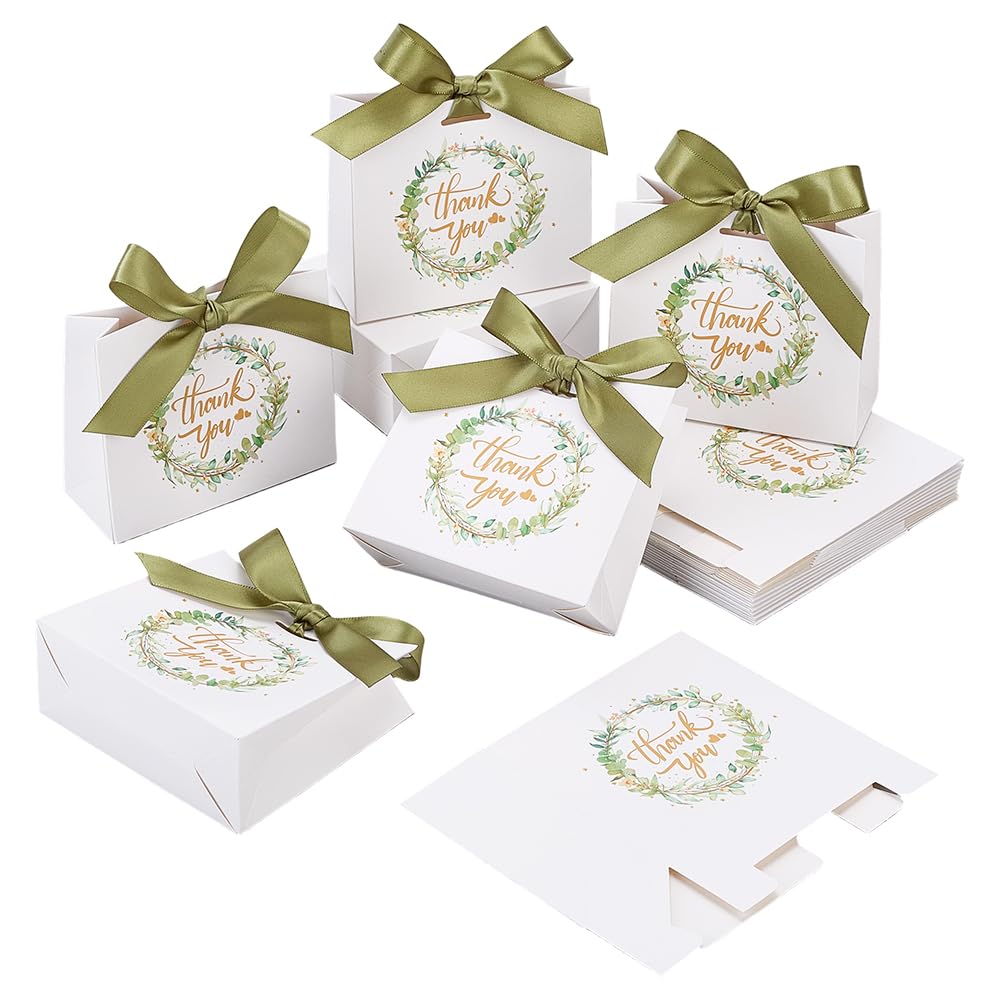 PH PandaHall 80PCS Thank You Gift Bags 11.5x4.5x10cm Round Wreath Wedding Welcome Bag Leaf Pattern Paper Tote Gift Packaging Pouches with Green Ribbon for Wedding Thanksgiving Party Favor