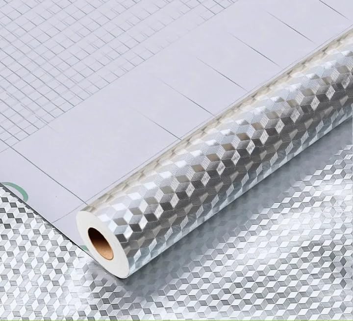 Kitchen Drawer Liner, Waterproof Oil-Proof Aluminum Foil Shelf Liner, 3D Cube Pattern, Silver, 197 x 15.7 Inches