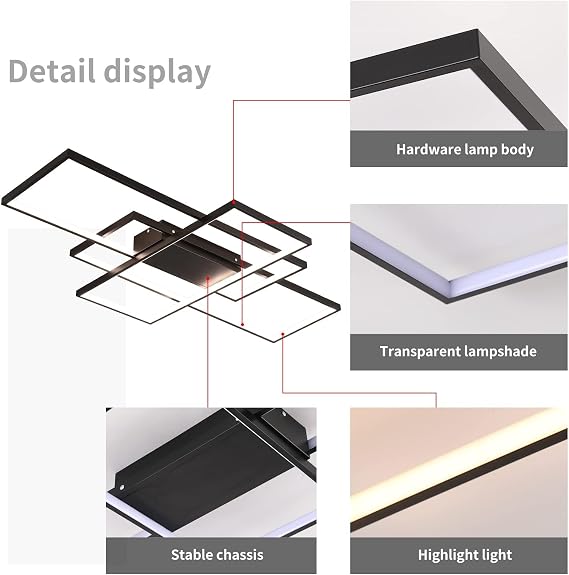 Black Modern LED Ceiling Light, Dimmable Remote Control, 70W, 110cm | 3-Layer Square Acrylic Flush Mount Ceiling Lamp, 3000K-6500K Colour Change, Memory Function for Living Room, Bedroom, Kitchen [Energy Class E]