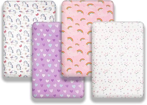 Miniatura 6 de Paquete de 4 sábanas suaves para cuna para colchón de cuna estándar, diseño de arco iris, corazón, lindo poliéster neutro, unisex, juego de sábanas