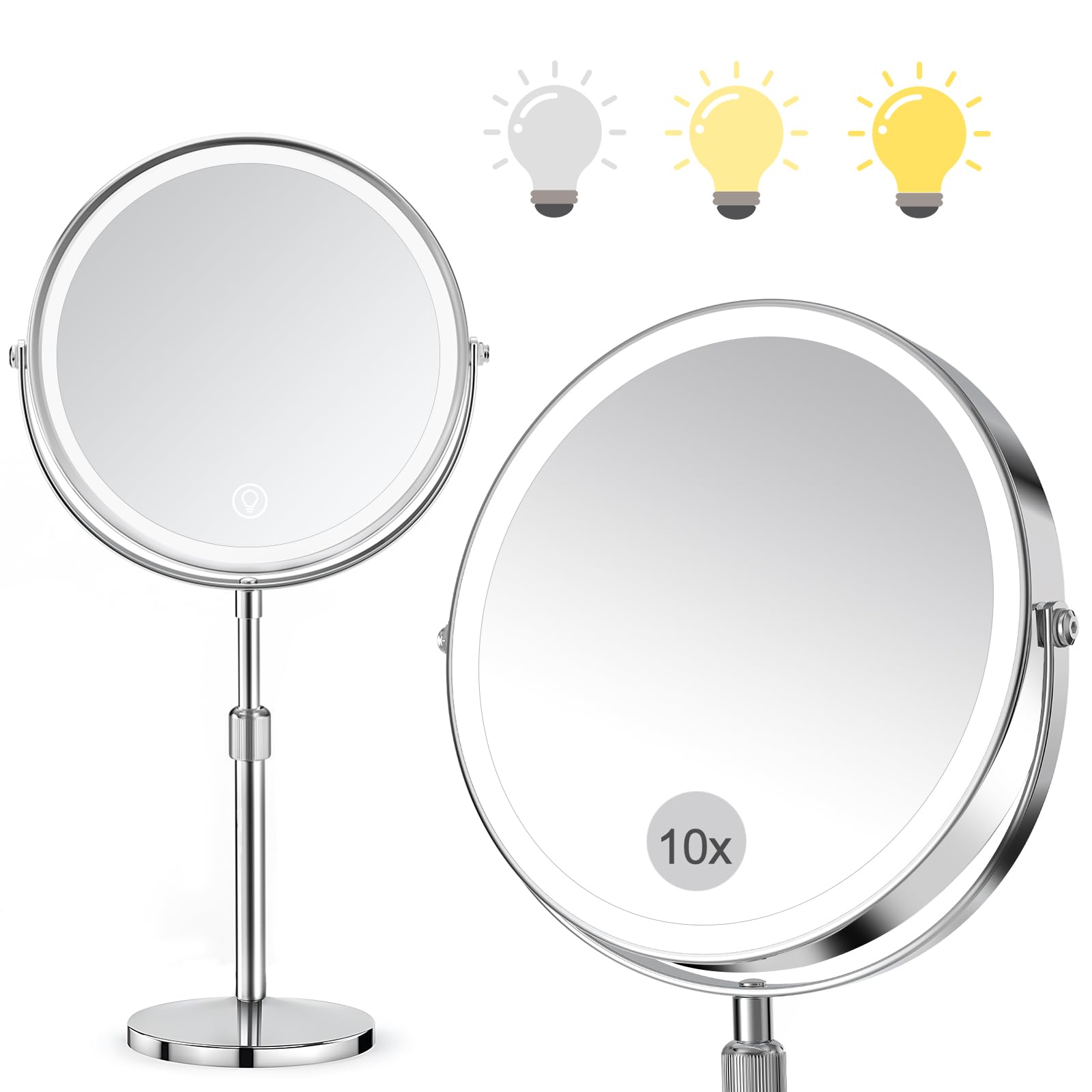SURFOU 8" Makeup Mirror with Lights on Stand, 10X Lighted Magnifying Mirror with Height Adjustable Brightness & 3 Color Dimmable Lights, 2-Sided Height Adjustable Vanity Mirror - silver