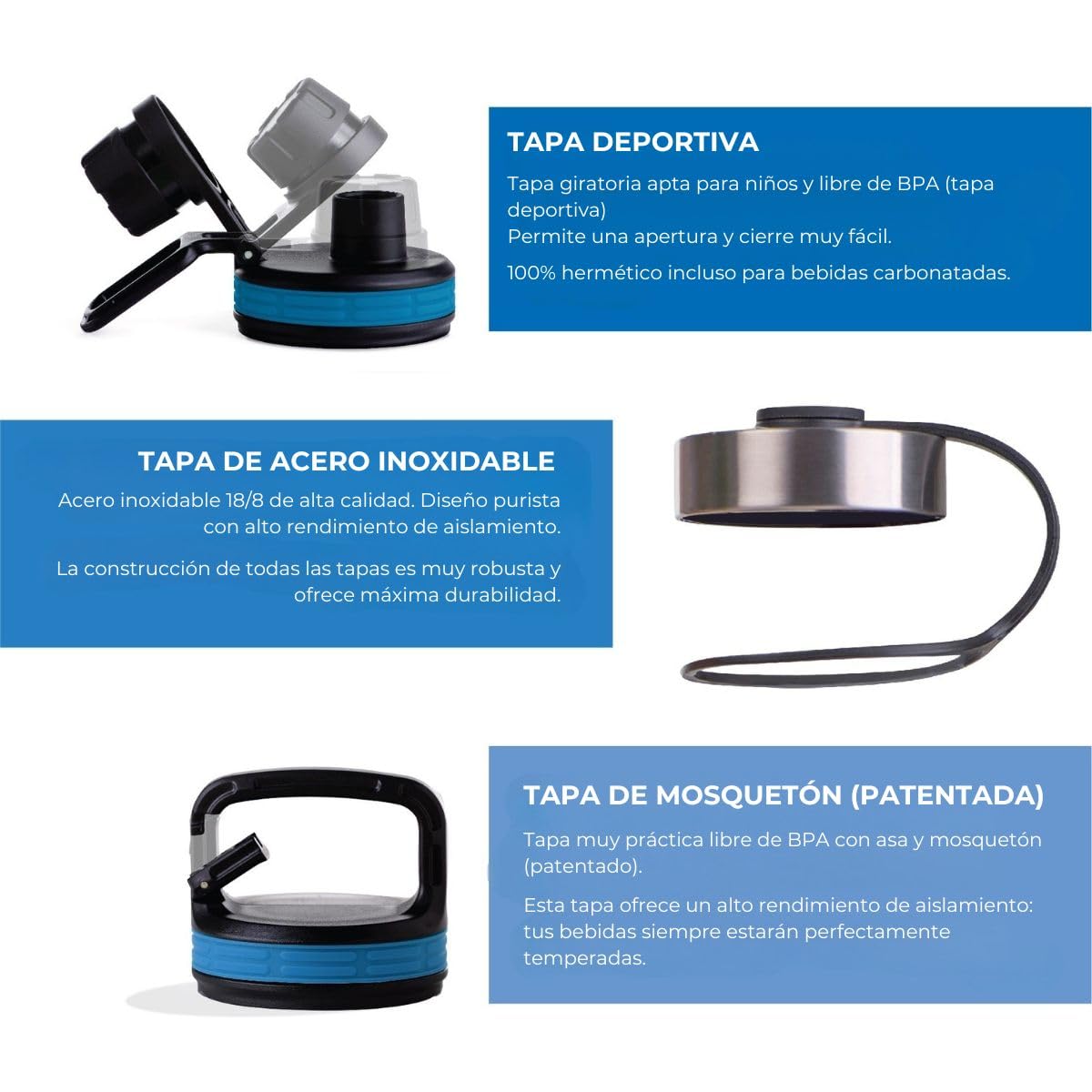 hydro2go® botella de bebida de acero inoxidable X-AlpsBotella - 1000ml / 1l | botella termo aislada al vacío + 3 tapones para beber | Matraz a prueba de fugas | botella para deportes al aire libre de doble pared | Termo