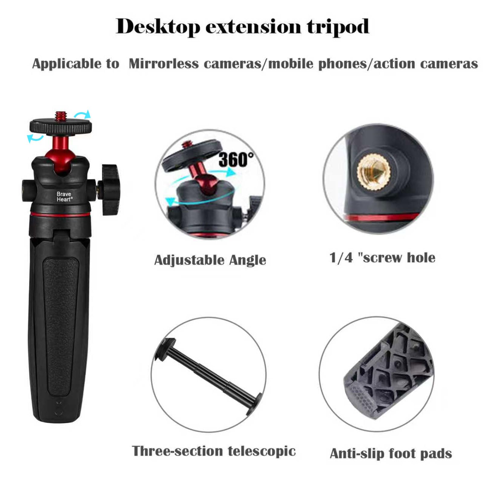 Mini trípode negro con montaje de tornillo de 1/4 pulgadas para Insta360 X5, DJI OSMO Pocket 3 y cámaras Sony/Canon/Nikon compactas, ligeras y portátiles, soporte de mano para vlogging y grabación de