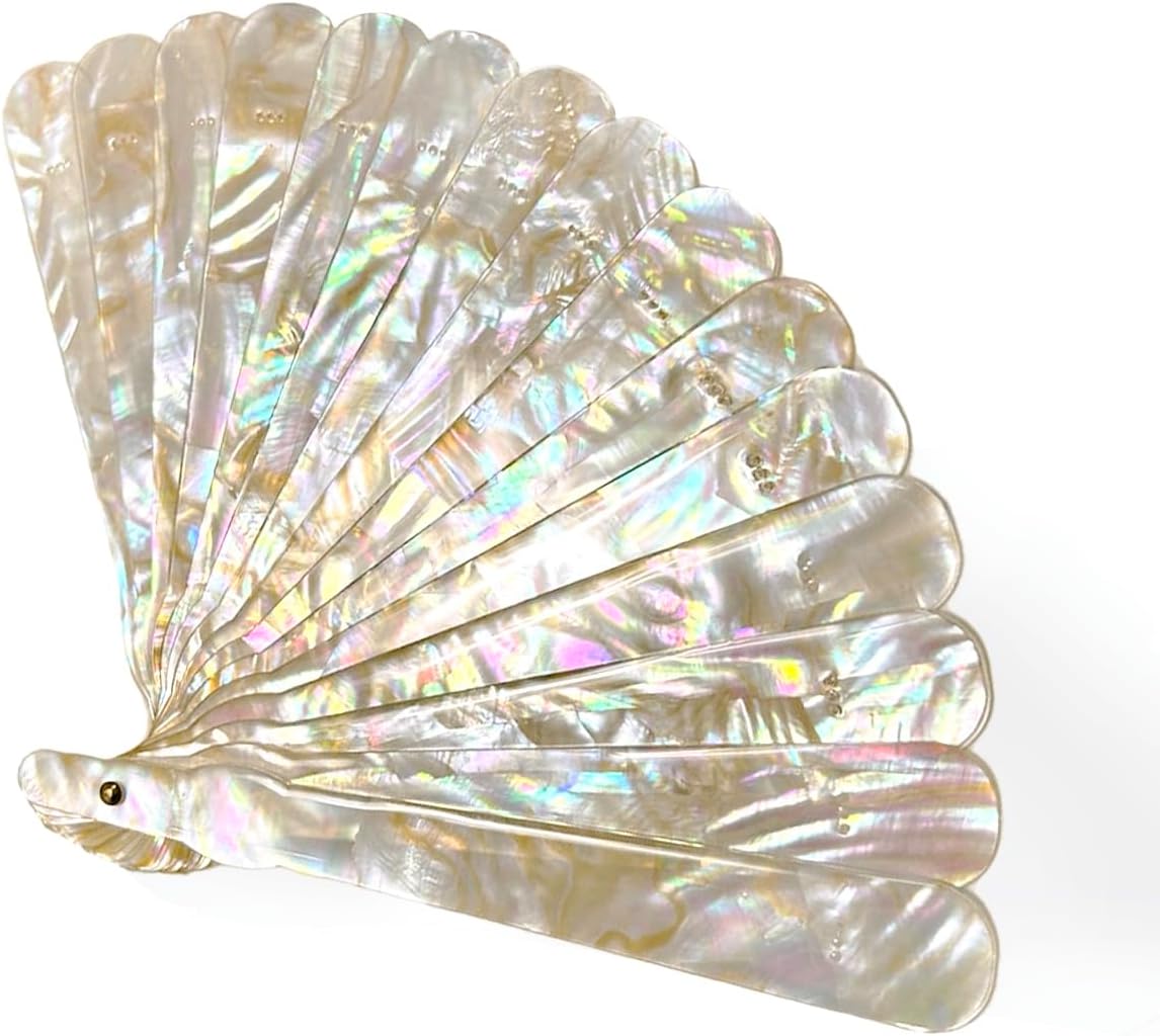 Abalone Shell Folding Hand Held Fan Natural Mother of Pearl Inlay Queen Fan for Women 12.6" x 7.9" (Oil Flower Shell, White)