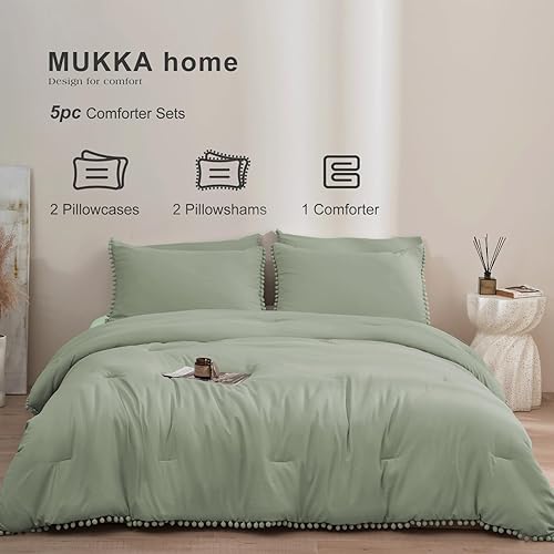 Miniatura 2 de Juego de edredón tamaño King, color verde salvia, 5 piezas, ropa de cama bohemia con pompones, juego de edredón tamaño King, juego de ropa de cama