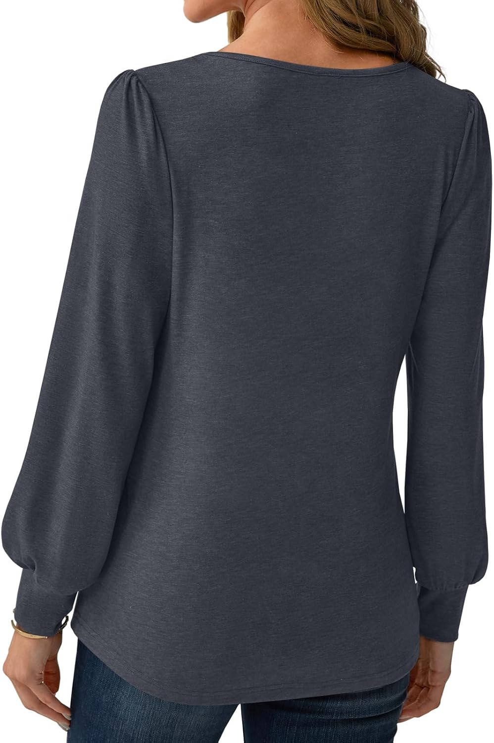 Women's Long Sleeve Tops Dressy Business Casual Blouses Chiffon Basic Loose Fit V Neck Work Shirt Pleated Keyhole 2025 Fall Winter Clothes Trendy Outfits Navy Blue Large - Image 4