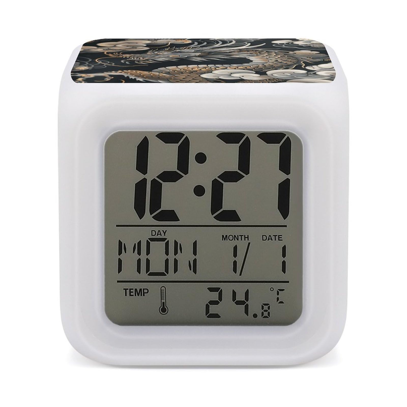 JTREHY Black Oriental Dragon Alarm Clock Digital Dimmable Clock for Bedroom LED Display Screen Mini Clocks 7 Color Dimmable Night Lights Time-to-Rise Alarm Clocks for Office Living Room