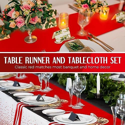 Image of Breling 8 Pack White and Red Disposable Plastic Tablecloths and Satin Table Runner Set, 54 x 108 Inch Tablecloth, 12 x 108 Inch Table Runners for Wedding Graduation Birthday Baby Shower