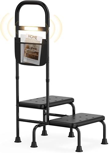 Miniatura 8 de Taburete de 2 escalones con asa para ancianos, escalones de cama resistentes para camas altas para adultos, taburetes de dos escalones para personas