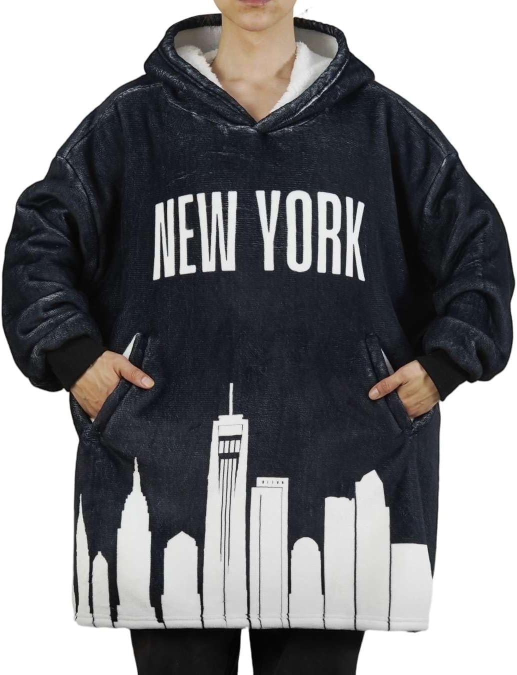 New York City Skyline Gifts, New York City Gifts for NYC Lovers, Skyline Map Wearable Flannel Blanket Hoodie with Two Large Pocket